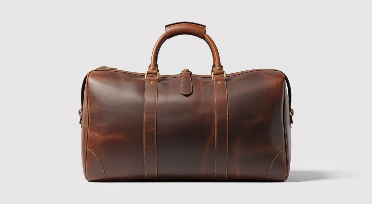High-quality photograph of a stylish vintage brown leather duffle bag with brass hardware on a white background, representing travel and timeless style.