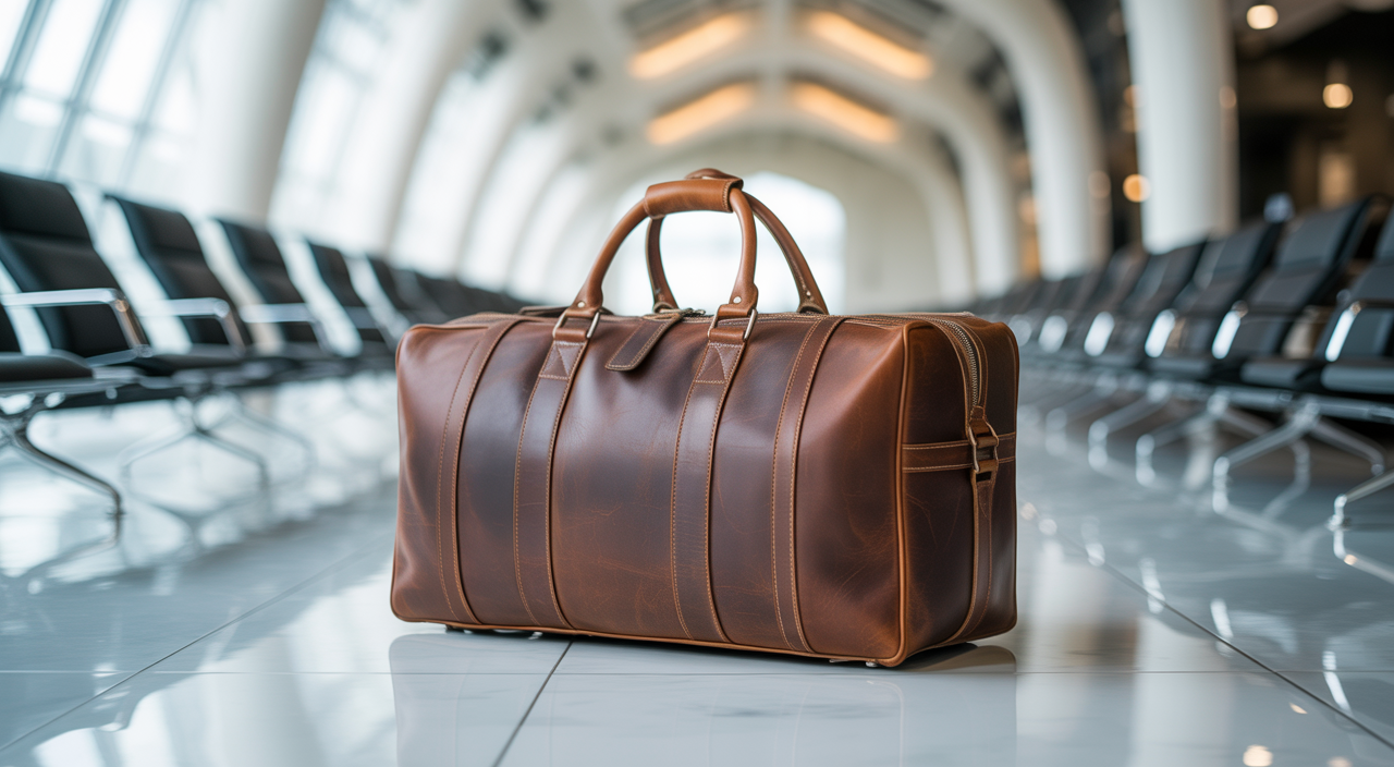 Vintage full-grain leather duffle bag in an elegant travel setting
