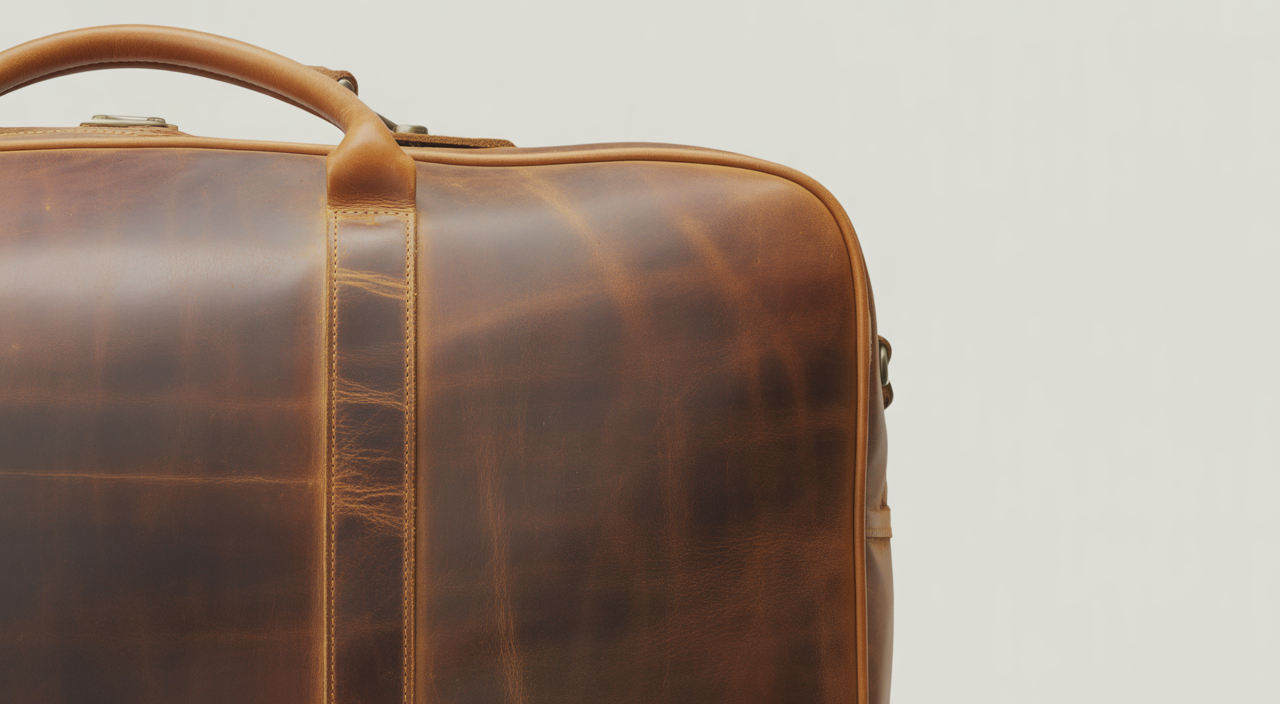 vintage leather duffle bag on a wooden floor next to other travel items