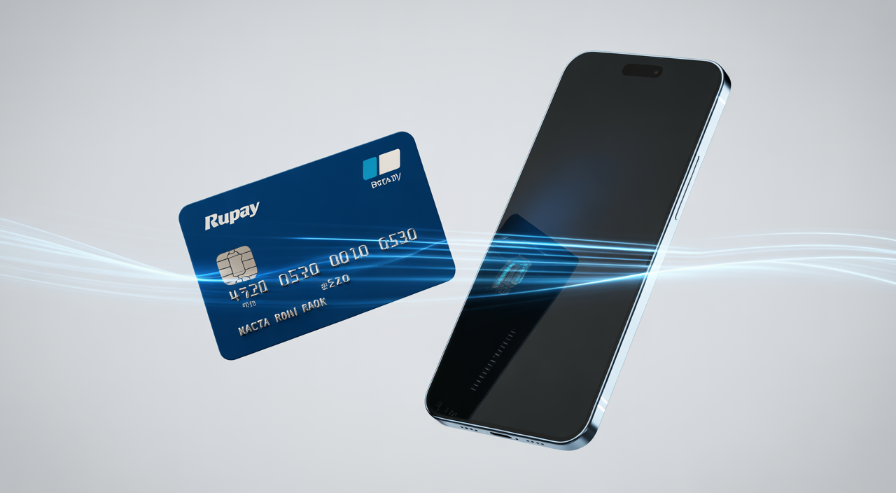 RuPay credit card merging with a smartphone, symbolizing digital payment integration on a clean background