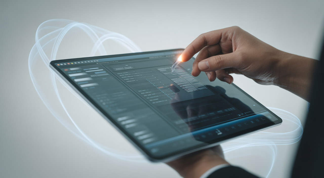 Hand designing custom web interface on transparent tablet with data streams