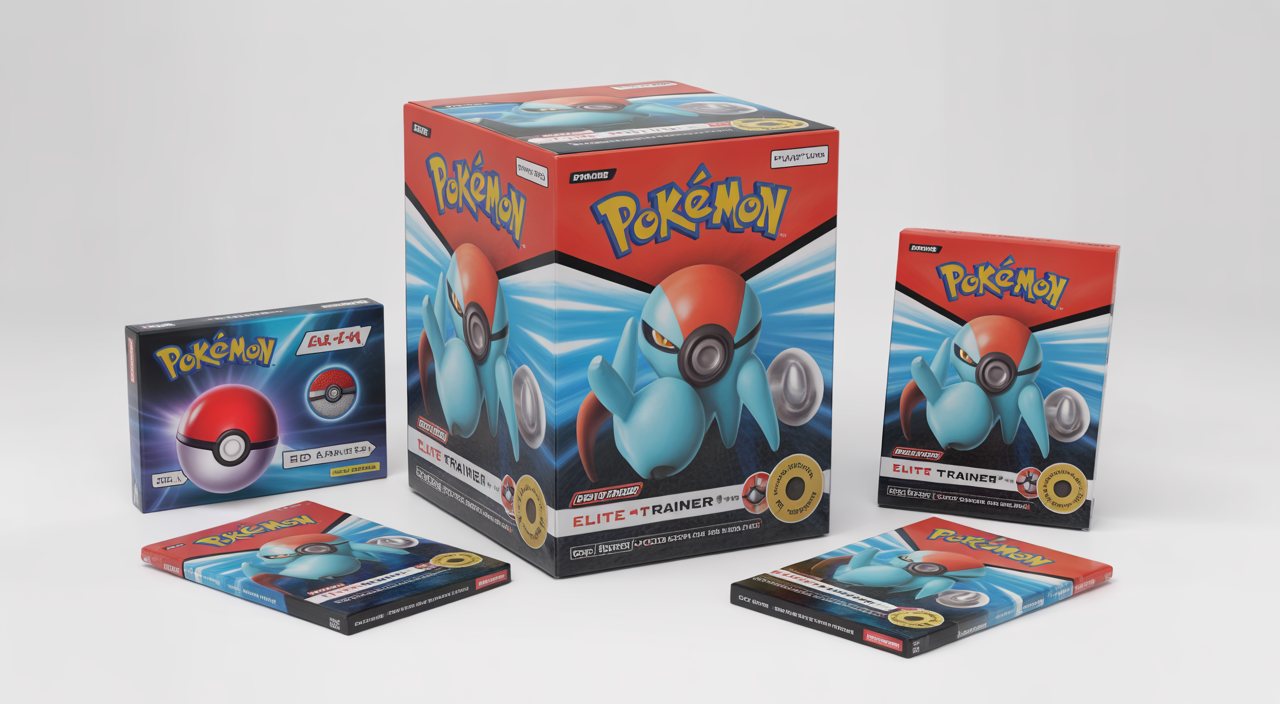 An unopened Pokémon Booster Box centrally featured, surrounded by other sealed Pokémon products like an Elite Trainer Box and individual booster packs, all showcasing their pristine condition on a clean background.