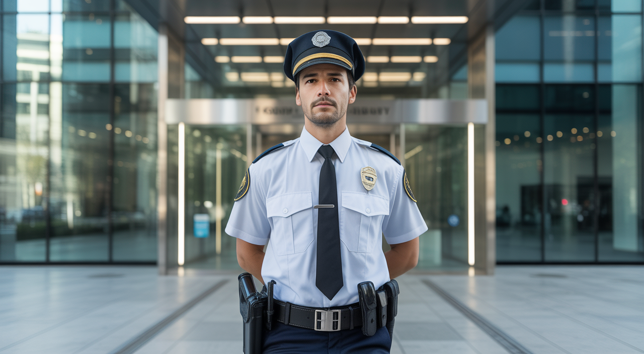 Professional security guard standing at a modern building entrance, representing security services in California