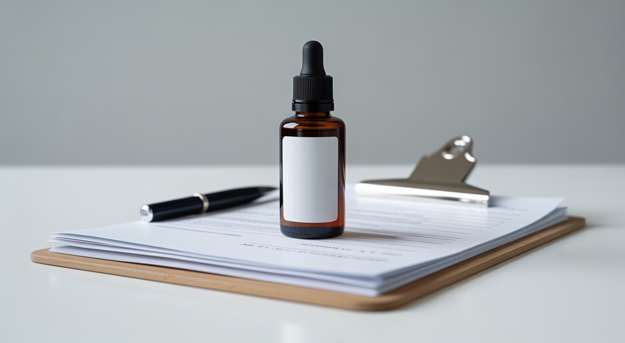 Cosmetic product next to regulatory documents, symbolizing FDA compliance for beauty brands in the USA.