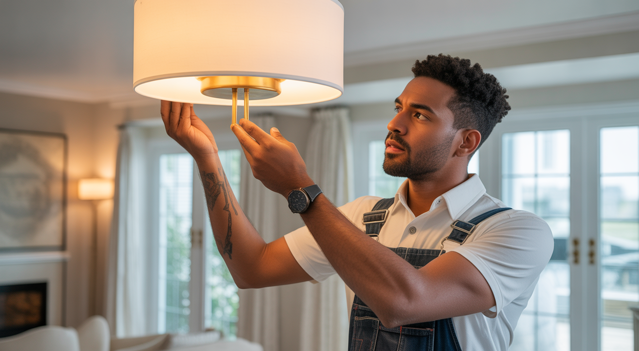 Professional handyman installing a luxury light fixture in an elegant Atlanta home, representing premium home care.
