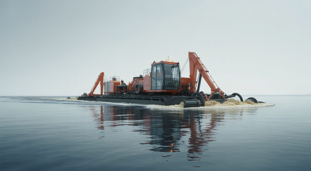 A modern dredge operating in a calm waterway, representing the process of selecting a dredge manufacturer.
