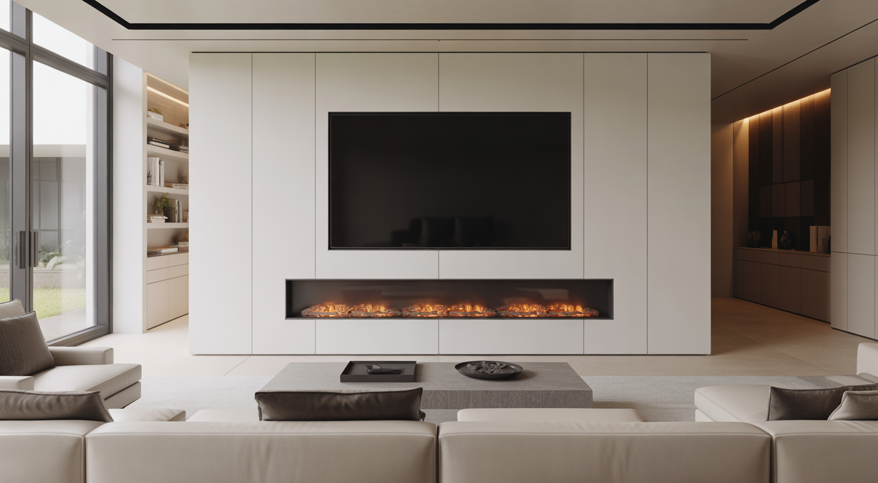 Luxury media wall with integrated television and modern electric fireplace in a stylish living room setting, bespoke design