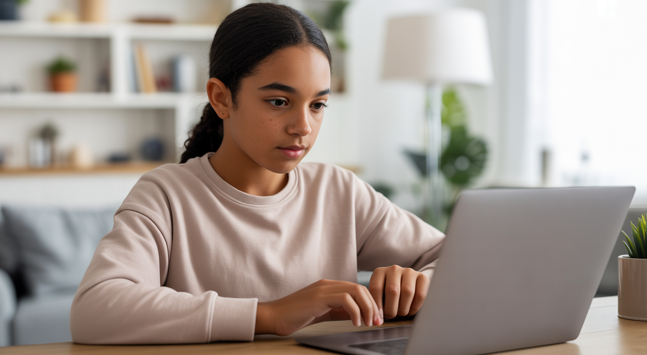 Teenager engaging in a virtual counseling session on a laptop at home, representing remote therapy accessibility