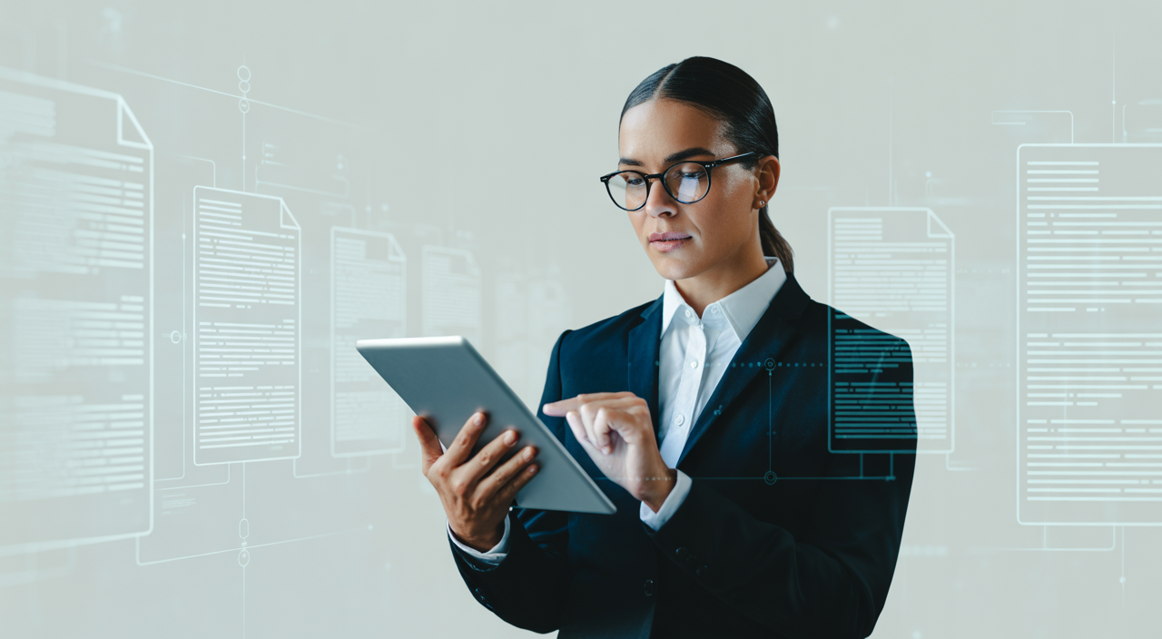 A professional lawyer reviewing a digital SaaS contract on a tablet, symbolizing legal protection and technological expertise for businesses.