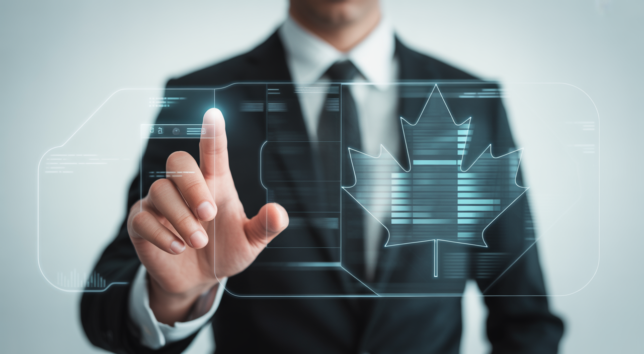 Professional consultant securing digital data on a futuristic interface, representing cybersecurity consulting in Canada.
