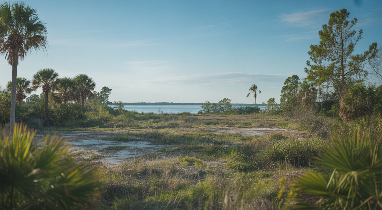 Expansive undeveloped land in Florida under a sunny sky, representing investment and development opportunities.