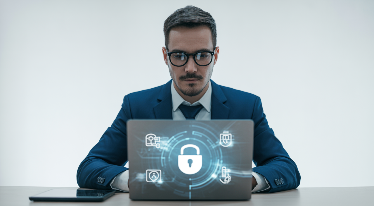 Photorealistic image of a professional cybersecurity consultant working confidently on a laptop with digital security concept elements, clean white background