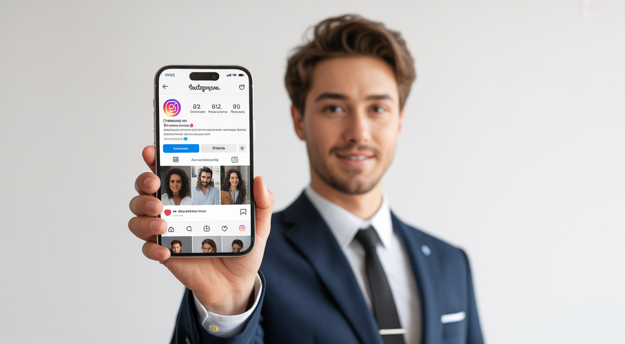 Confident young professional holding smartphone showing Instagram profile with polished feed for social media growth