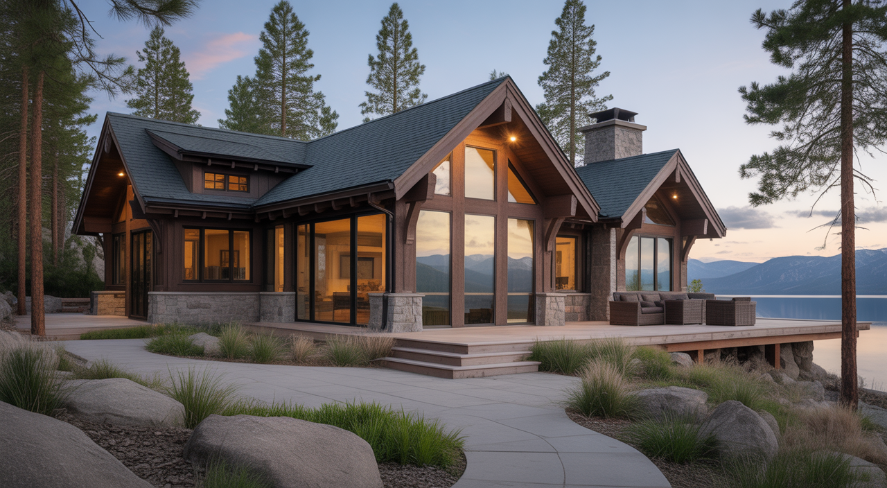 Cozy luxury Big Bear Lake cabin with mountain and lake views, modern design, daylight