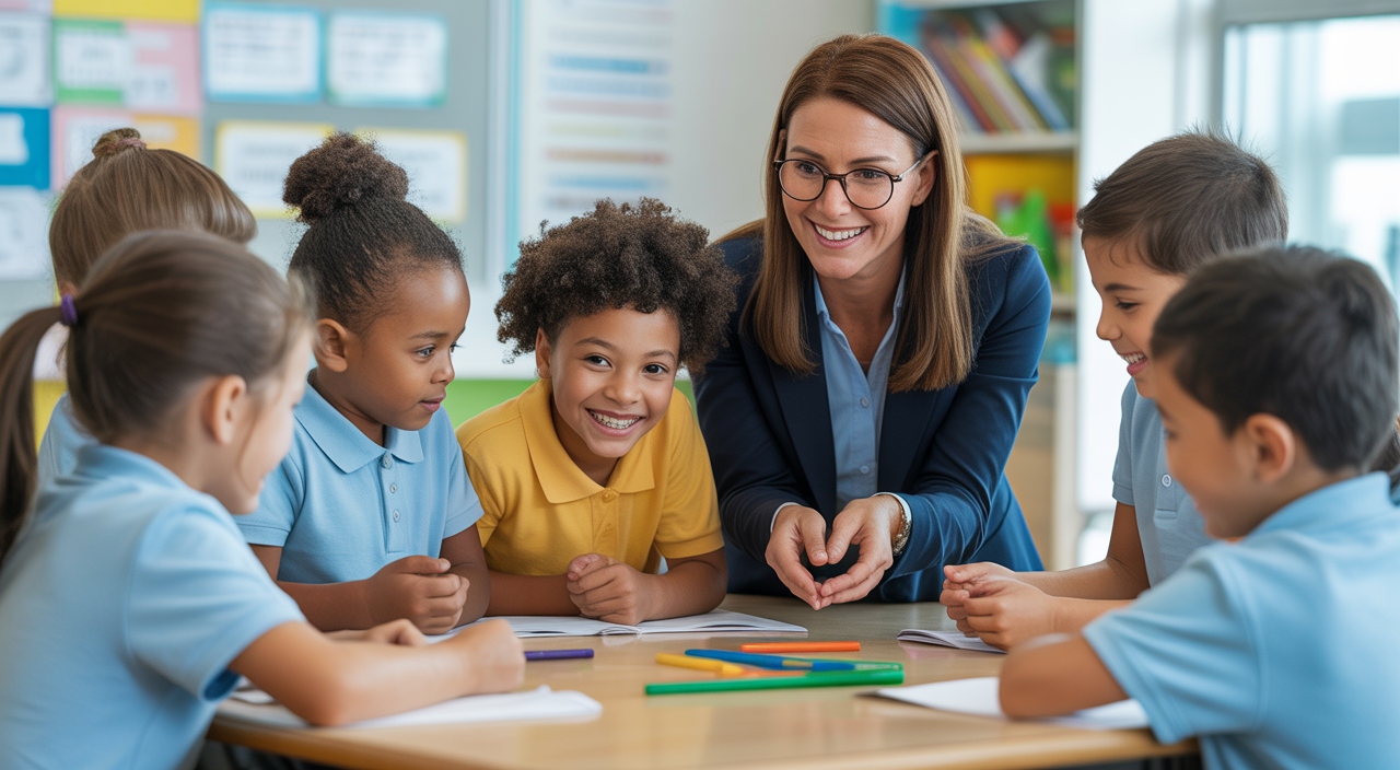 Photorealistic image of diverse elementary students and teacher in an inclusive classroom representing ABA therapy in Iowa schools