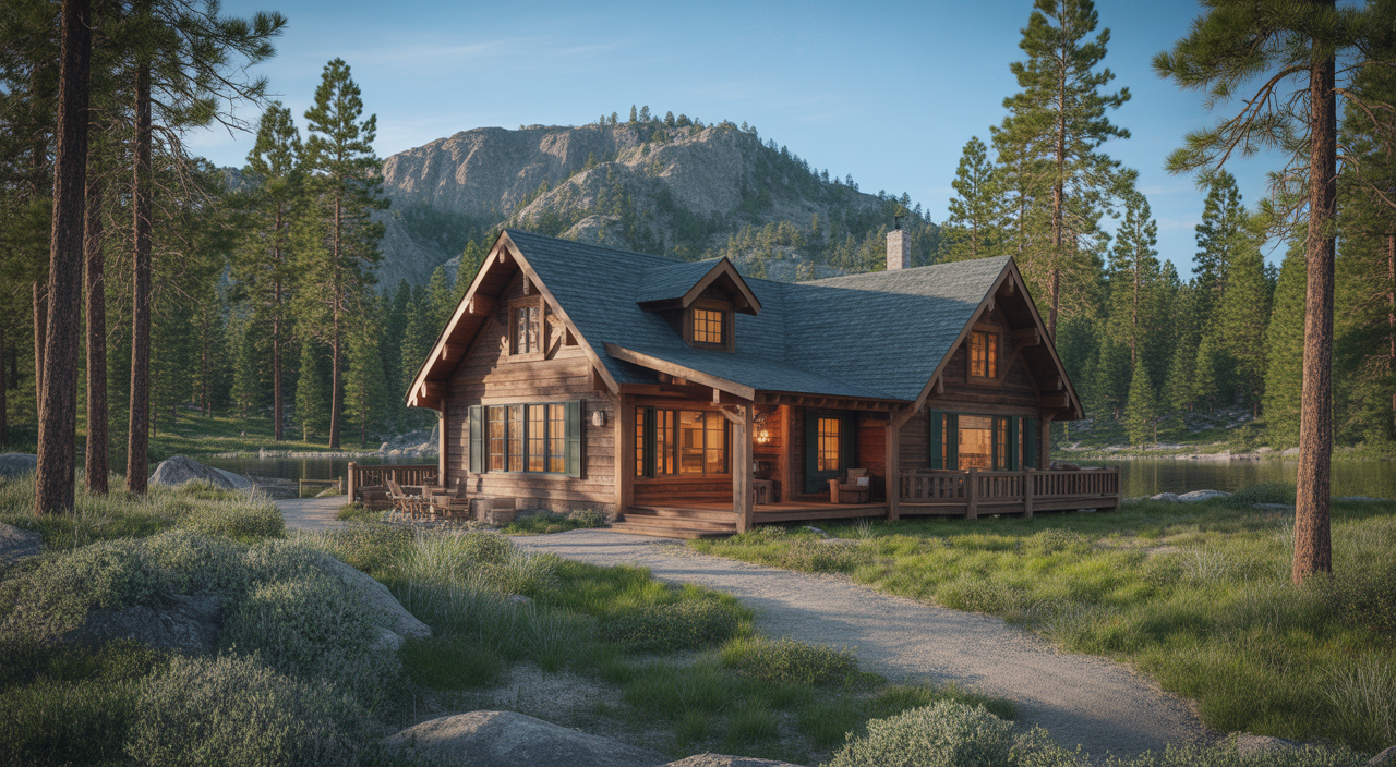 Hero image of a cozy rustic cabin nestled in pine trees with mountain scenery, representing cabin rentals in Big Bear Lake