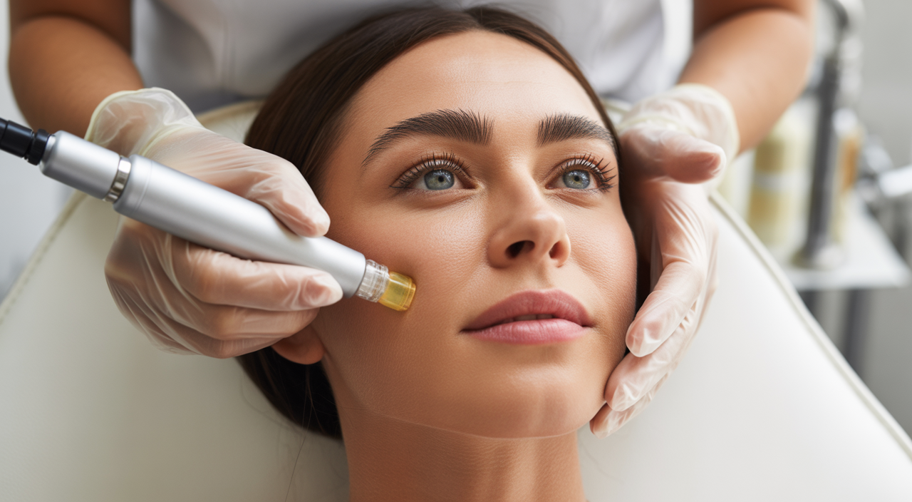 Close-up professional photograph of a woman undergoing microneedling facial treatment with a motorized pen by an aesthetician in a modern medspa setting with clean white background