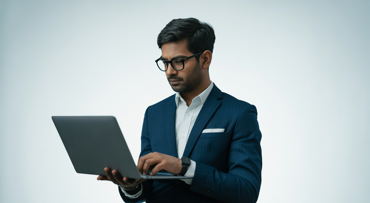 Photorealistic image of an Indian investor using a laptop to buy unlisted shares online with a clean white background