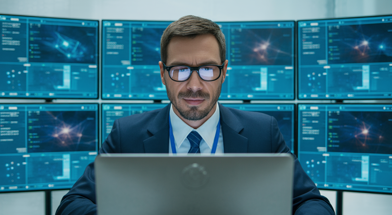 Hero image of a cybersecurity consultant analyzing digital security data on multiple monitors with a clean white background