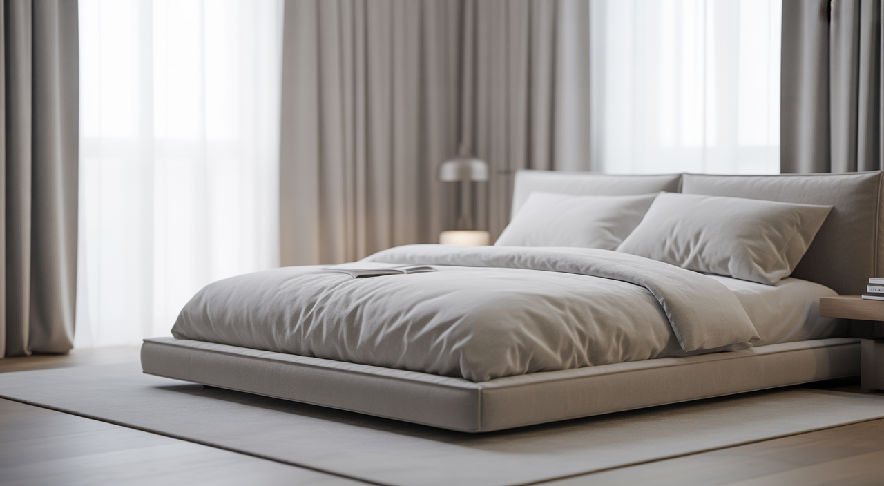 Modern minimalist bedroom with platform bed and natural light
