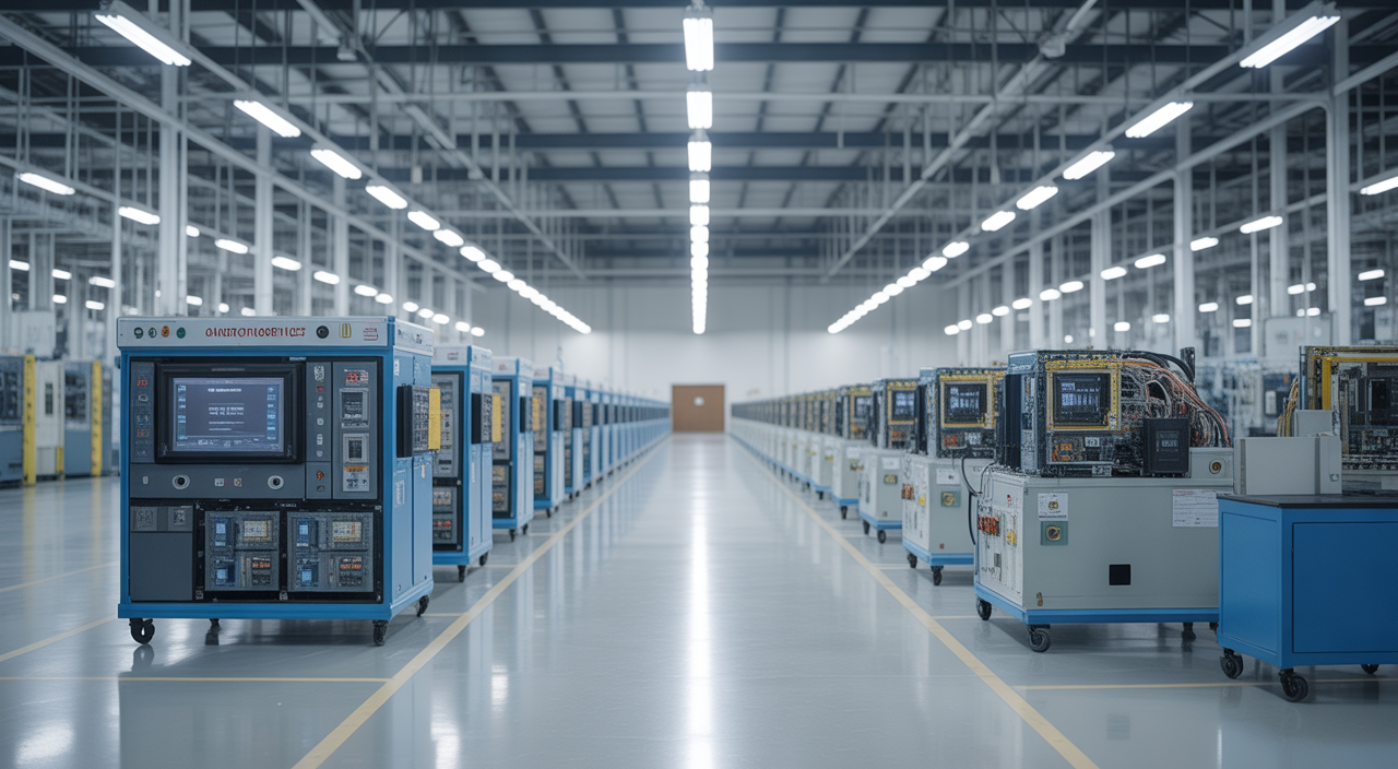 Photorealistic image of a modern Indian electronics manufacturing facility showcasing compliance and sustainability with bright lighting and neutral background