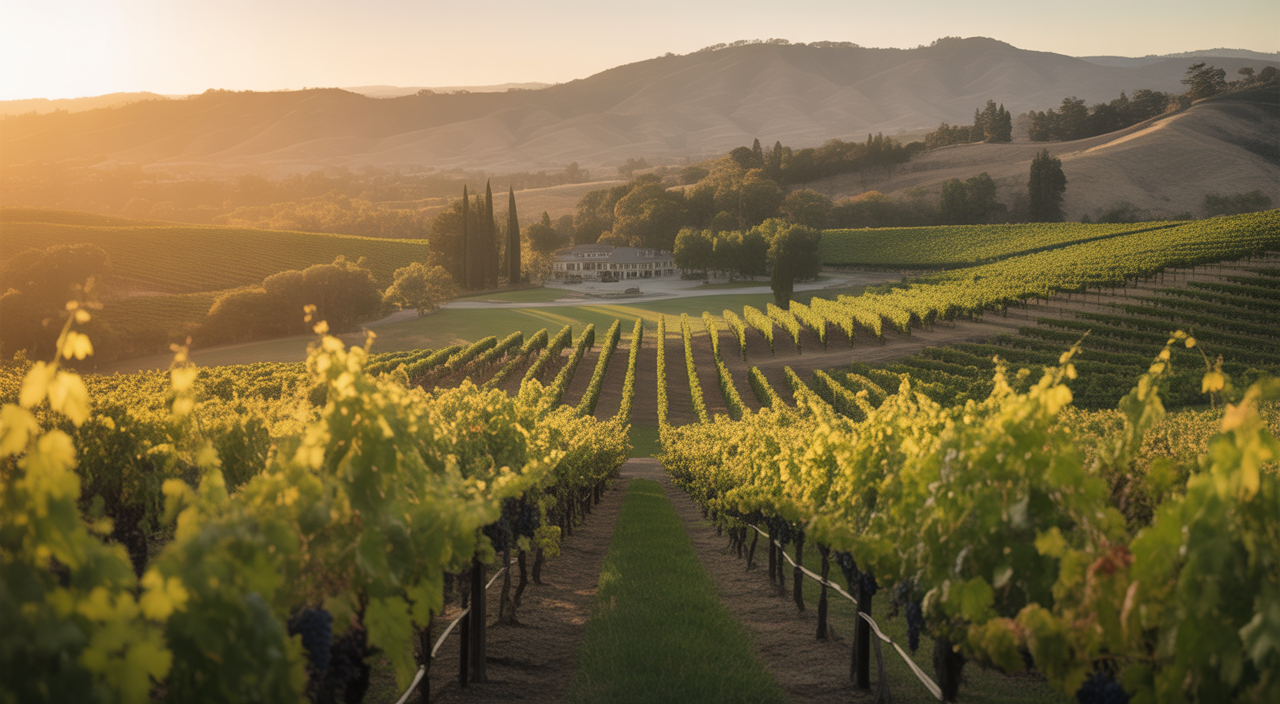 Scenic view of Napa Valley vineyard landscape with grapevines and winery estate at sunset