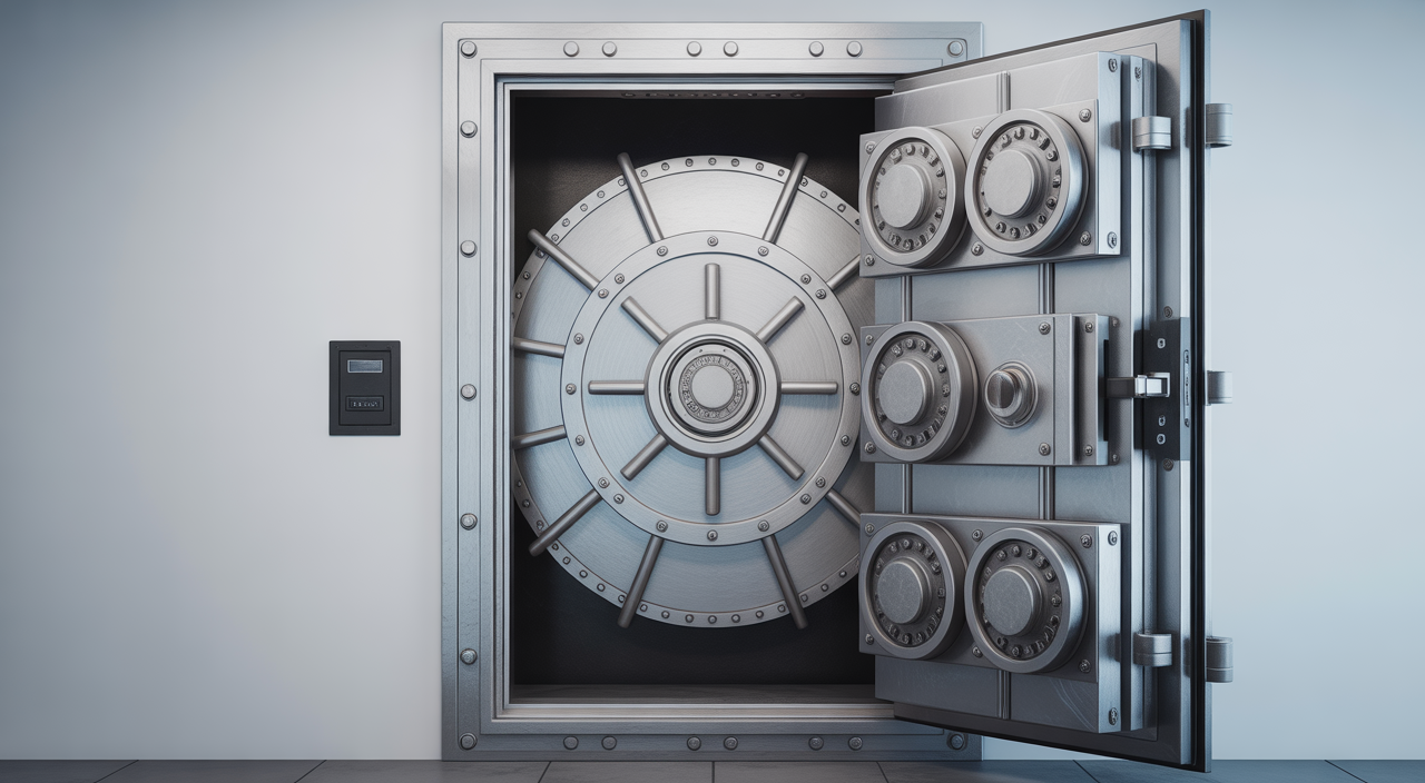Photorealistic image of a high-security armored safe room door with strong locks and hinges against a clean white background