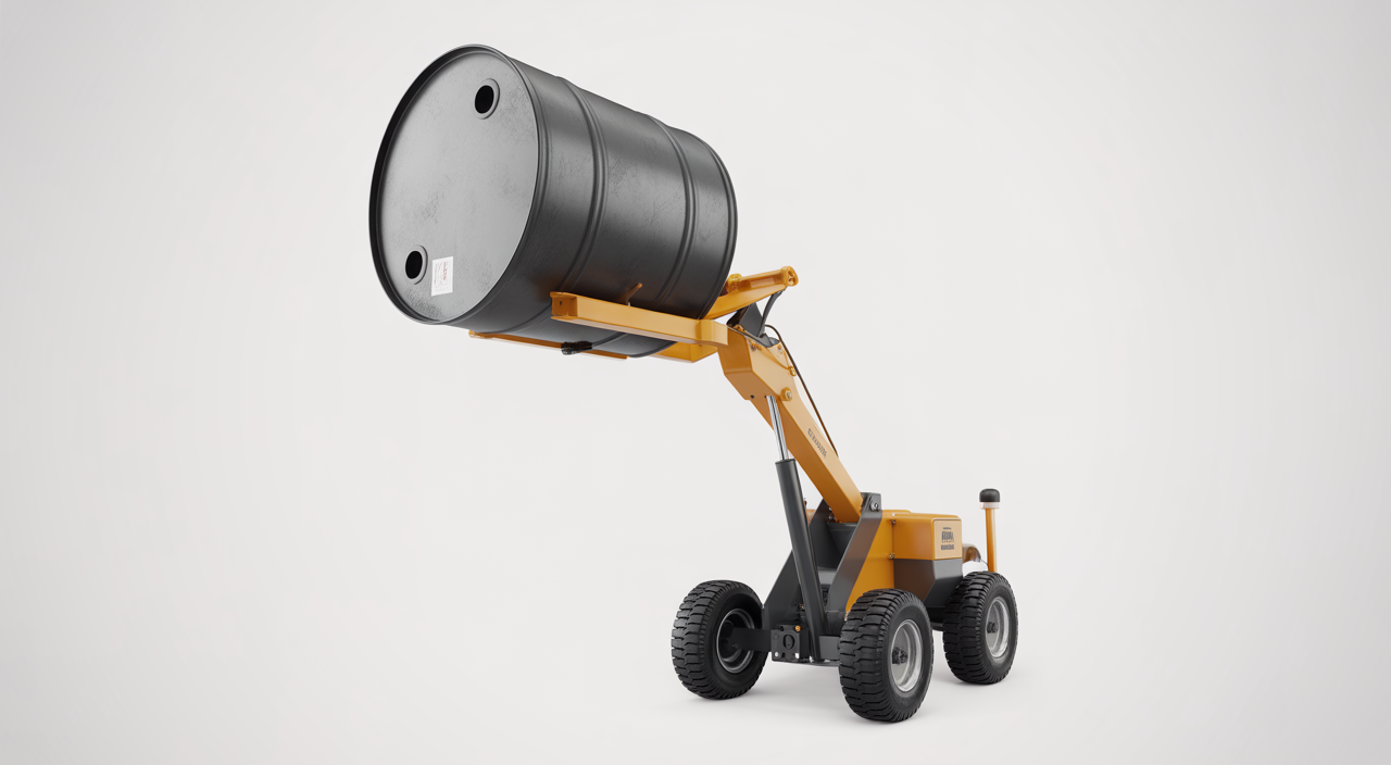High-quality image of a portable drum tipper lifting an industrial steel drum in a clean, professional setting