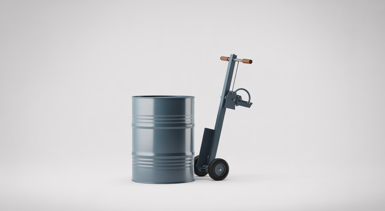 Operator using a portable drum tipper for safe material handling in a factory