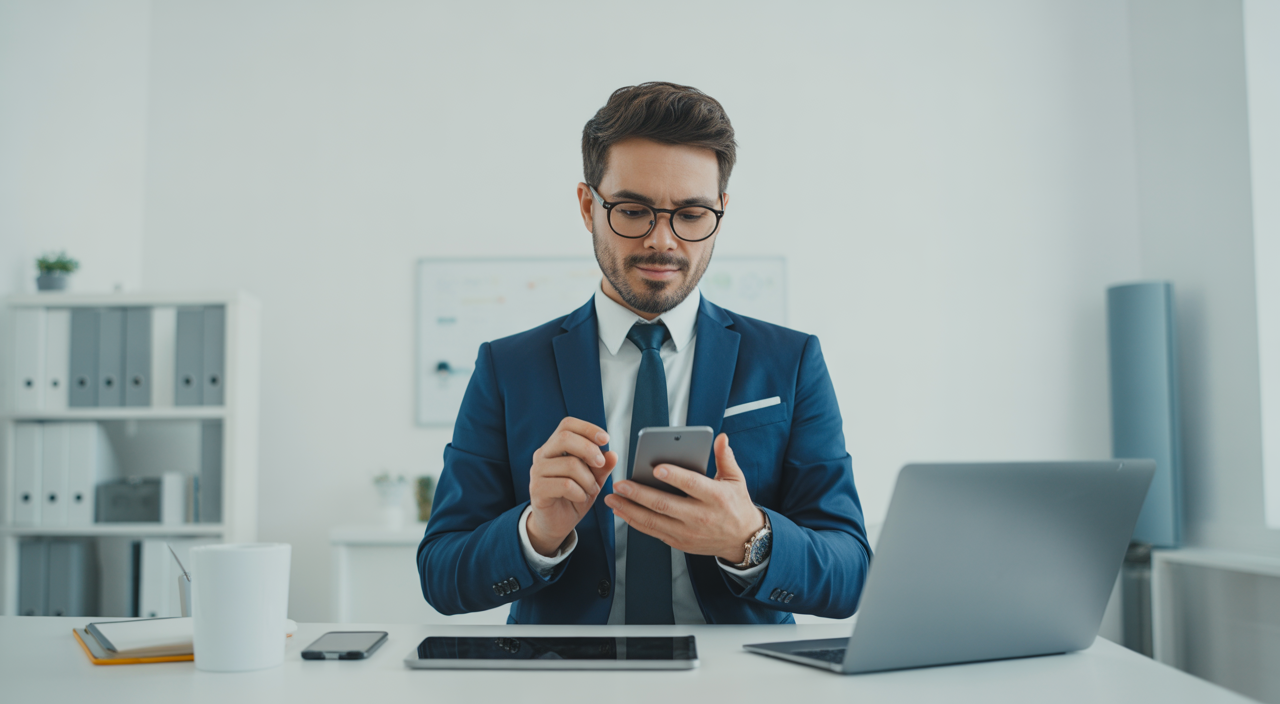 Photorealistic image of a confident entrepreneur in a modern office environment engaging with media and digital tools symbolizing publicity coaching for business growth