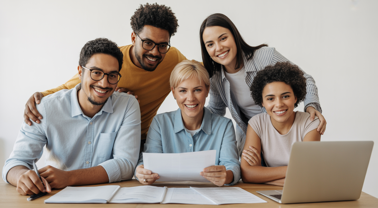 Photorealistic image of a family confidently planning college financial aid with documents and laptop on white background