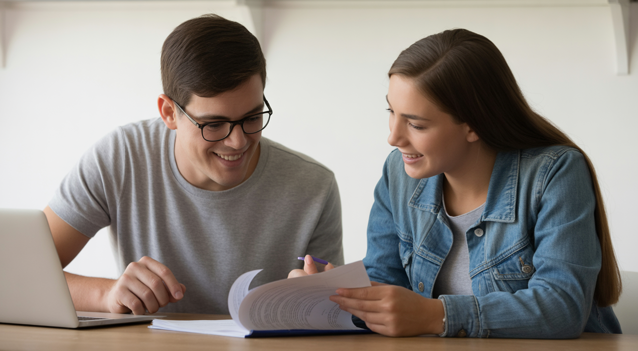Photorealistic image of a parent and teenager reviewing college planning documents on a white background