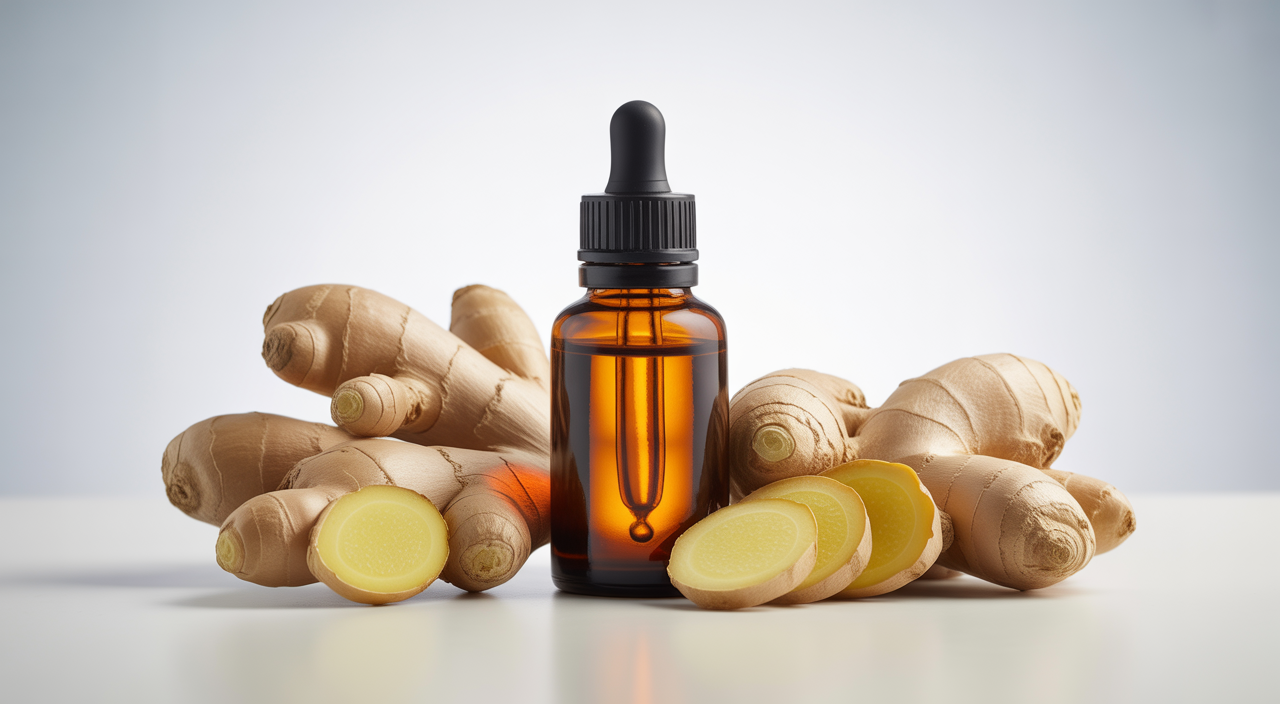 Close-up professional photograph of ginger drops bottle with dropper and fresh ginger slices on white background
