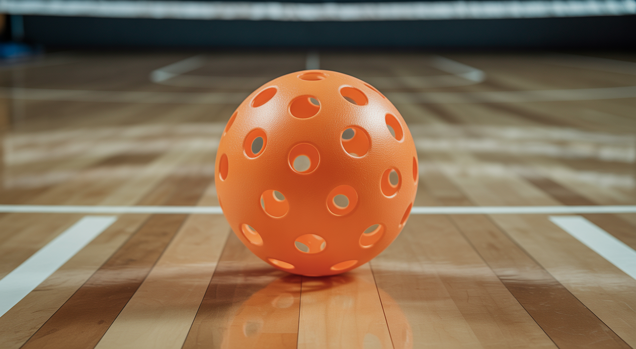 Orange 26-hole indoor pickleball on polished hardwood basketball court with sharp focus and professional lighting