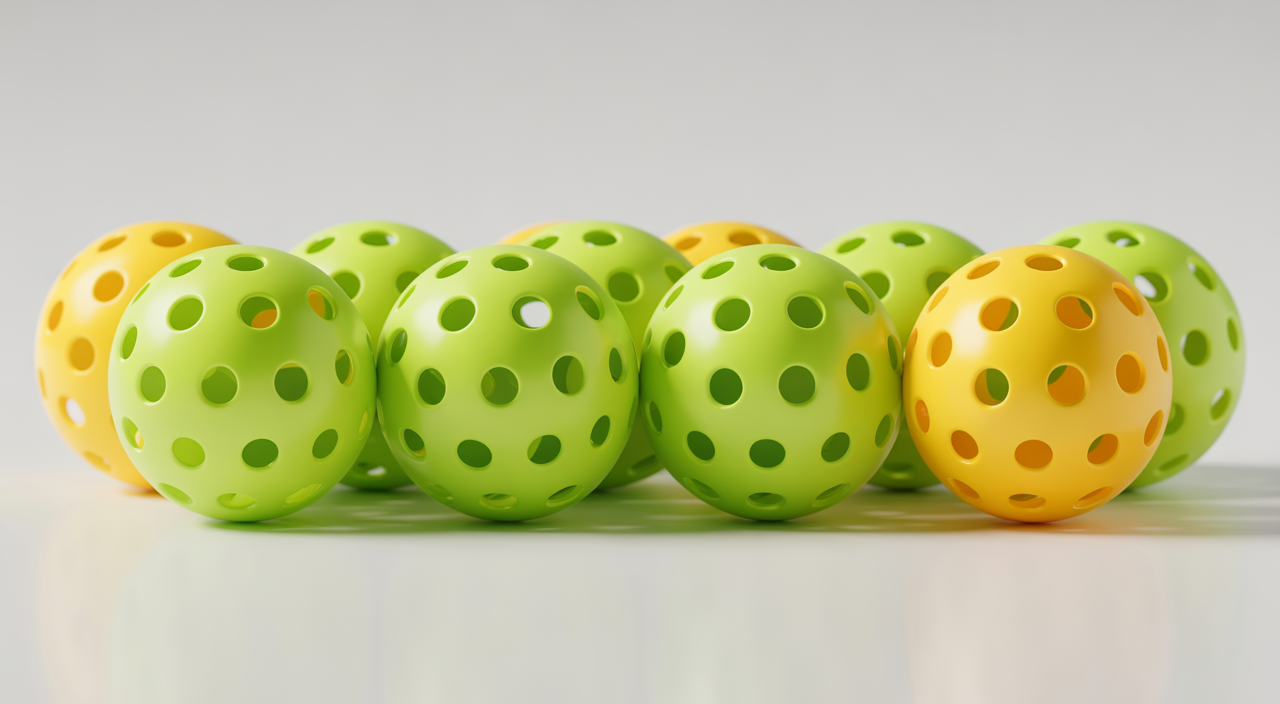 Indoor orange 26‑hole pickleballs designed for use on a basketball court surface