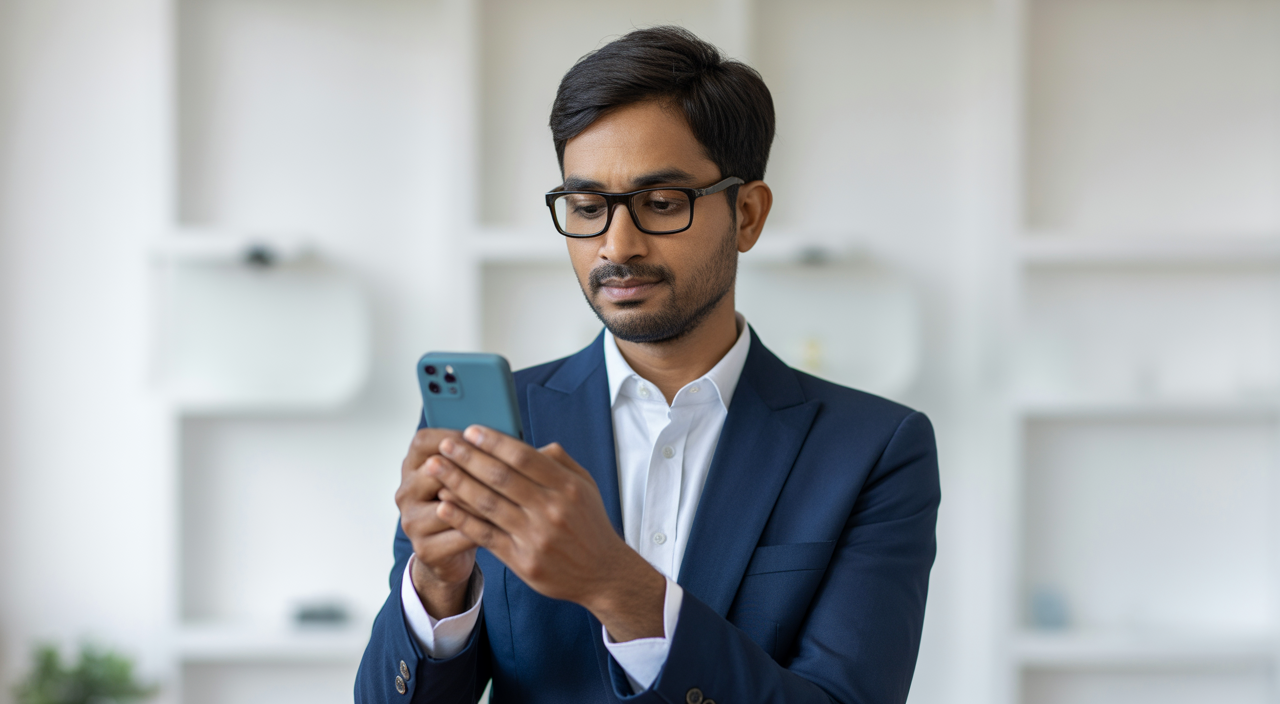 Confident Indian small business owner using smartphone with Instagram open, symbolizing Instagram follower growth strategies in 2024
