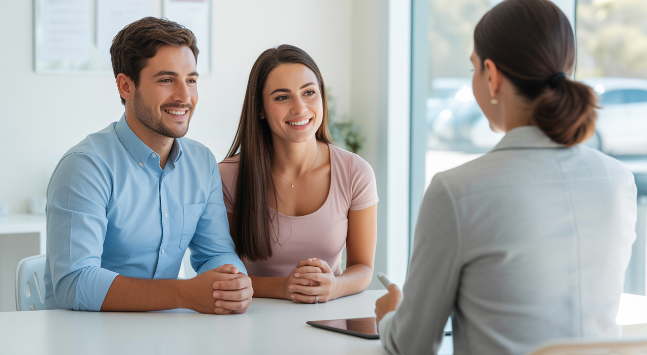 Young couple consulting fertility specialist about low medication IVF treatment in San Diego clinic