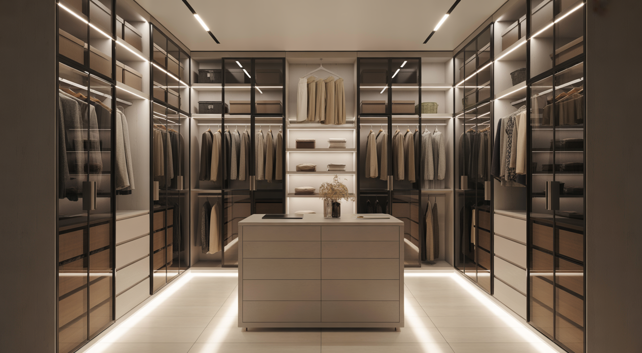 Luxurious modern walk-in wardrobe interior with stylish storage, clothing, and warm lighting on a clean white background