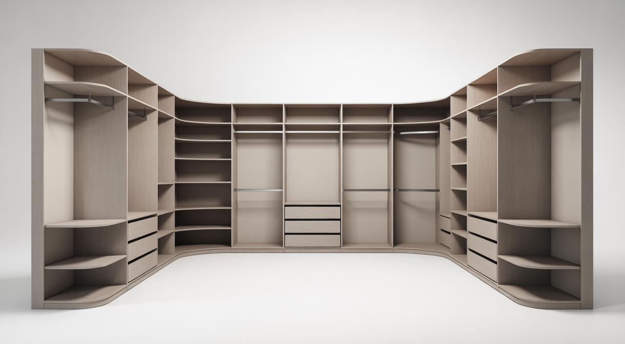 Modern walk-in wardrobe with open shelving and organized storage