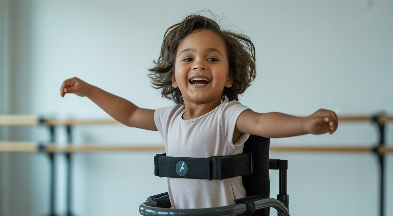 Photorealistic image of a joyful child dancing with adaptive support in a bright studio, representing adaptive dance classes in Toronto
